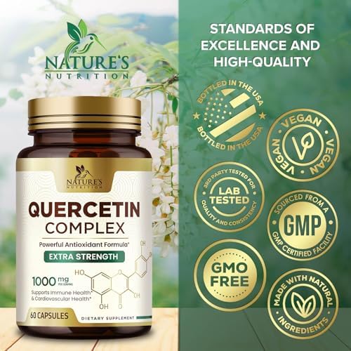 Nature's Nutrition Quercetin Dihydrate veggie capsules bottle displaying manufacturing transparency and supplement facts.