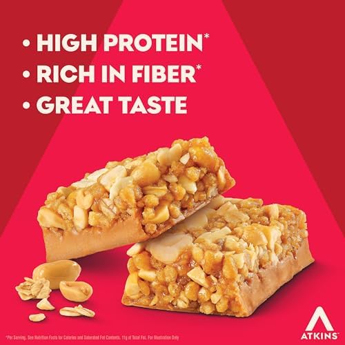 Atkins Peanut Butter Granola High Protein Bar, High Fiber Snack , 16g Protein, 1g Sugar, 4g Net Carb, Protein Snack, 12 Count - Image 6