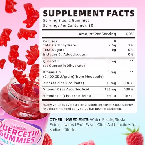 Organic quercetin supplement with bromelain and zinc label view showing nutrition facts.