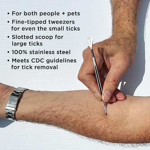 Bug Bite Thing patented double sided stainless steel tick remover tool showcasing fine tip tweezers and slotted scoop