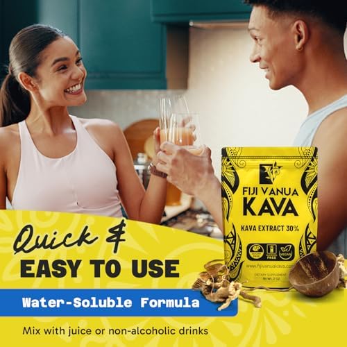 Fiji Vanua Kava extract powder mixing effortlessly into a transparent glass of water