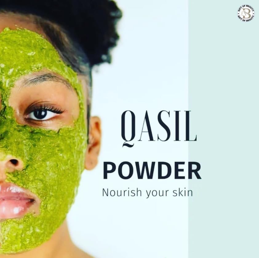 Gift of Beauty Qasil powder container next to a bowl of prepared herbal mask
