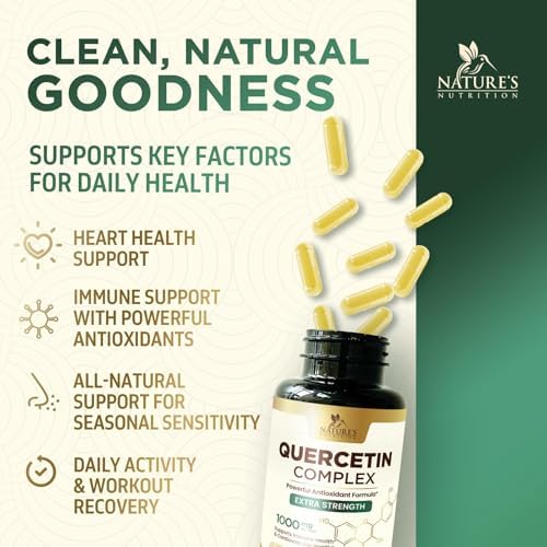 Authentic USA imported Nature's Nutrition Quercetin 60 vegetarian capsules packaging showing clear usage instructions.