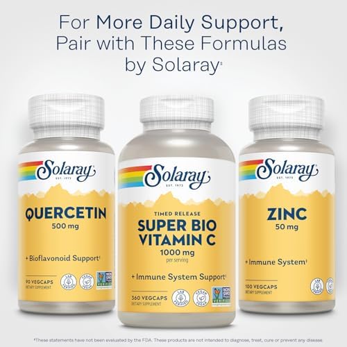 Full view of Solaray Quercetin 500mg 90 vegetarian capsules bottle for immune and respiratory support