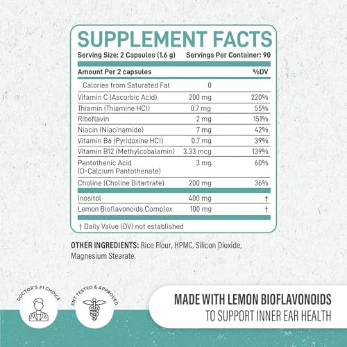 Premium ear health capsules with inositol formula label details closeup
