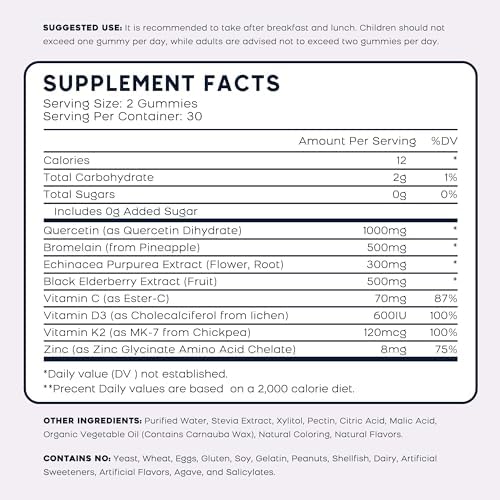 Close up of plant based quercetin gummies with zinc elderberry and vitamin C ingredients list