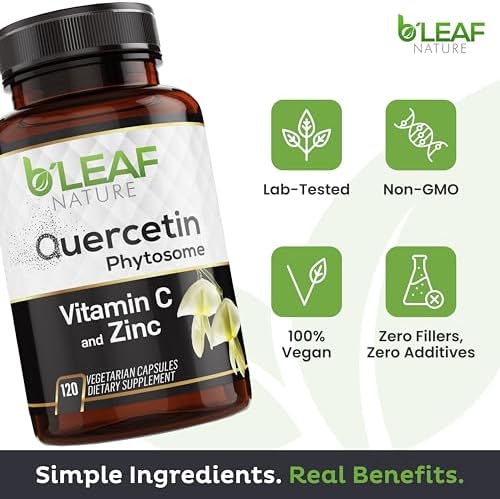 Non-GMO vegetarian quercetin phytosome capsules pouring out of the brand bottle.
