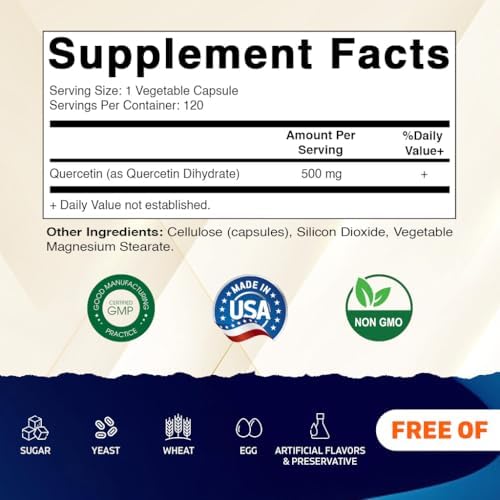 Side angle of Vitamatic Quercetin supplement packaging emphasizing the vegan non-GMO and gluten free certifications