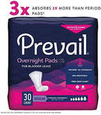 Prevail overnight bladder leak pads packaging showing MaxSorb gel technology label