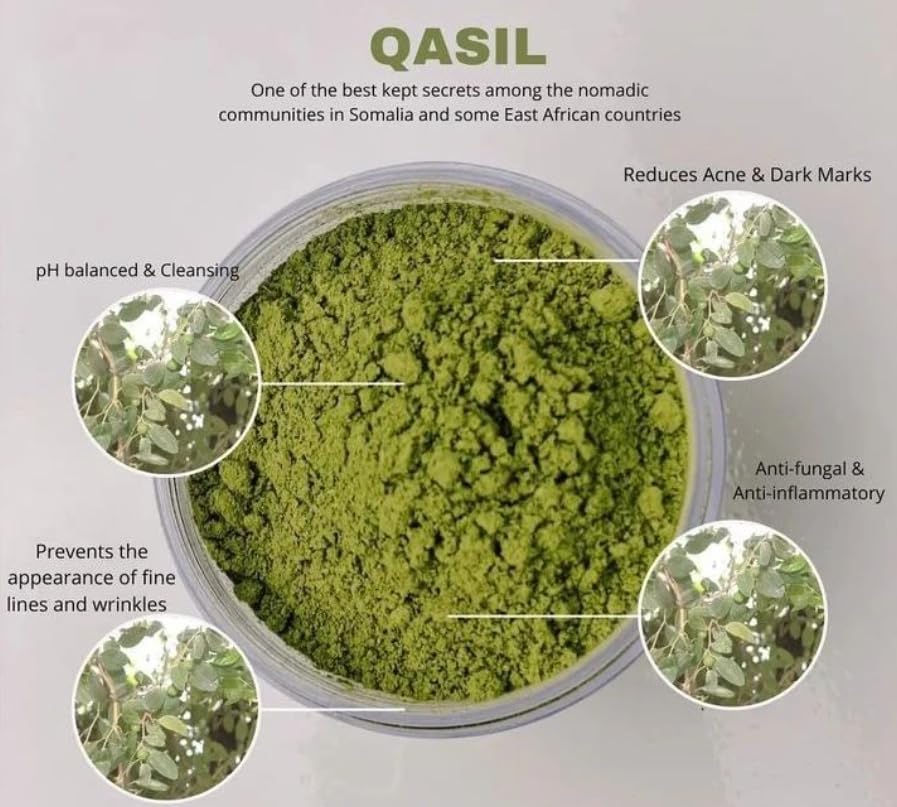Authentic Somali Qasil powder being mixed into a paste for acne treatment