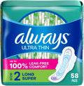 Always Ultra Thin Pads Size 2 Long Super 58 count front package view