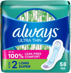 Always Ultra Thin Pads Size 2 Long Super 58 count front package view