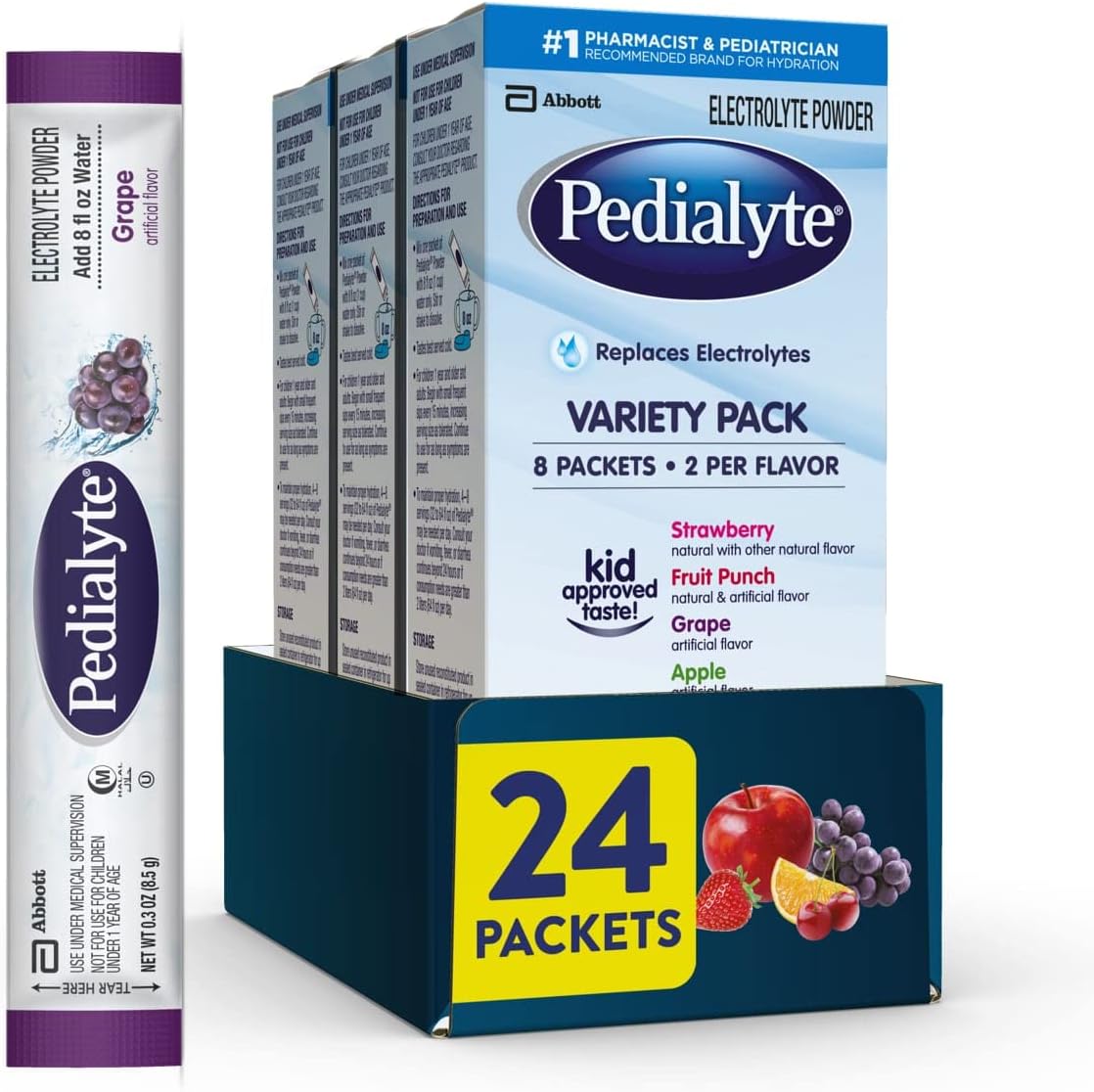Pedialyte electrolyte powder variety pack front view for fast rehydration.