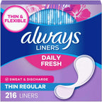 Always Daily Fresh Thin Panty Liners 216 count box front view for everyday freshness