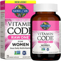 Garden of Life Vitamin Code Raw One for Women 75 capsules front view of product packaging showcasing whole food multivitamin benefits.