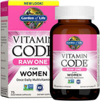 Garden of Life Vitamin Code Raw One for Women 75 capsules front view of product packaging showcasing whole food multivitamin benefits.