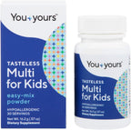 You yours tasteless multivitamin powder for kids showing 80.0g jar and clear dissolution