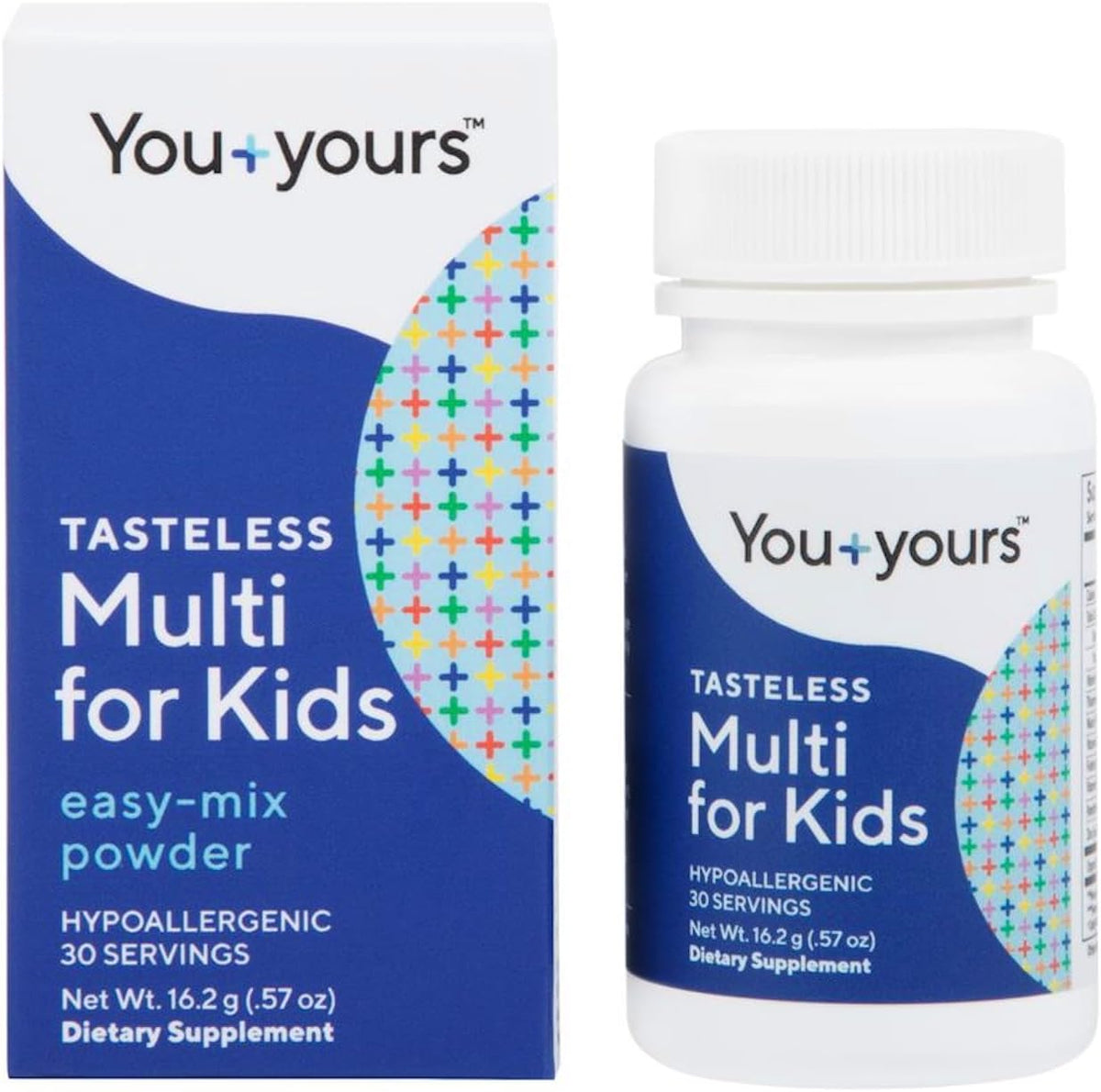 You yours tasteless multivitamin powder for kids showing 80.0g jar and clear dissolution