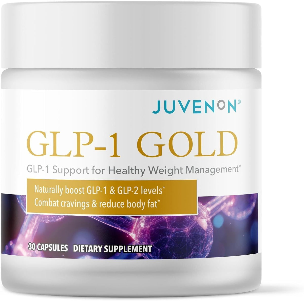 Juvenon GLP-1 Gold bottle with 30 capsules for metabolic support and weight management