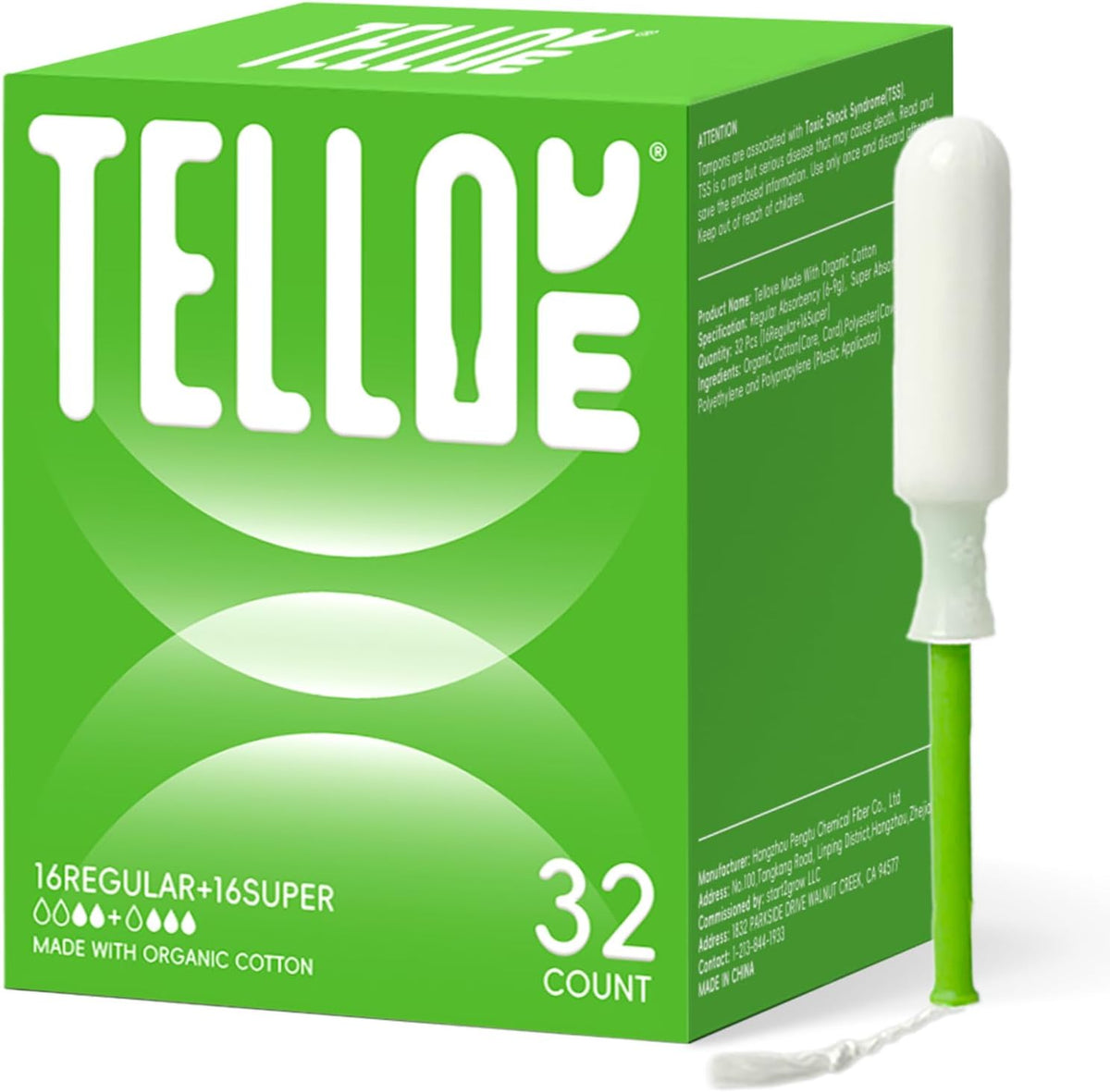 Tellove Organic Cotton Tampons 32 count front box view for menstrual care.