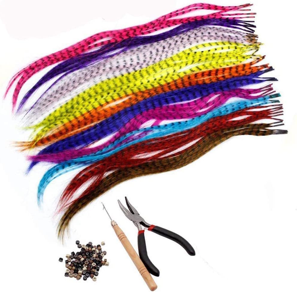 Soraka Hair feather extension kit with 35 synthetic feathers front view