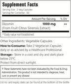 Two vegetable capsules of VitaCosmoX diosmin next to the product bottle.