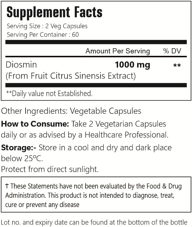 Two vegetable capsules of VitaCosmoX diosmin next to the product bottle.