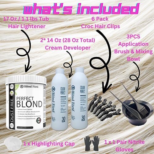 Professional hair bleach powder by Blond Forte with coconut oil and keratin ingredients featured on label.