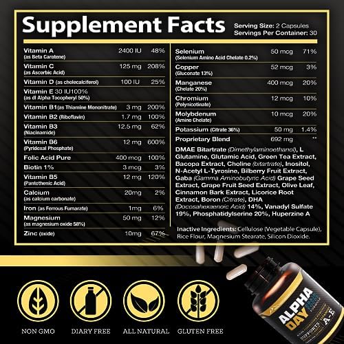 Peak Performance Alpha Day capsules shown alongside clean natural ingredients for cognitive wellness