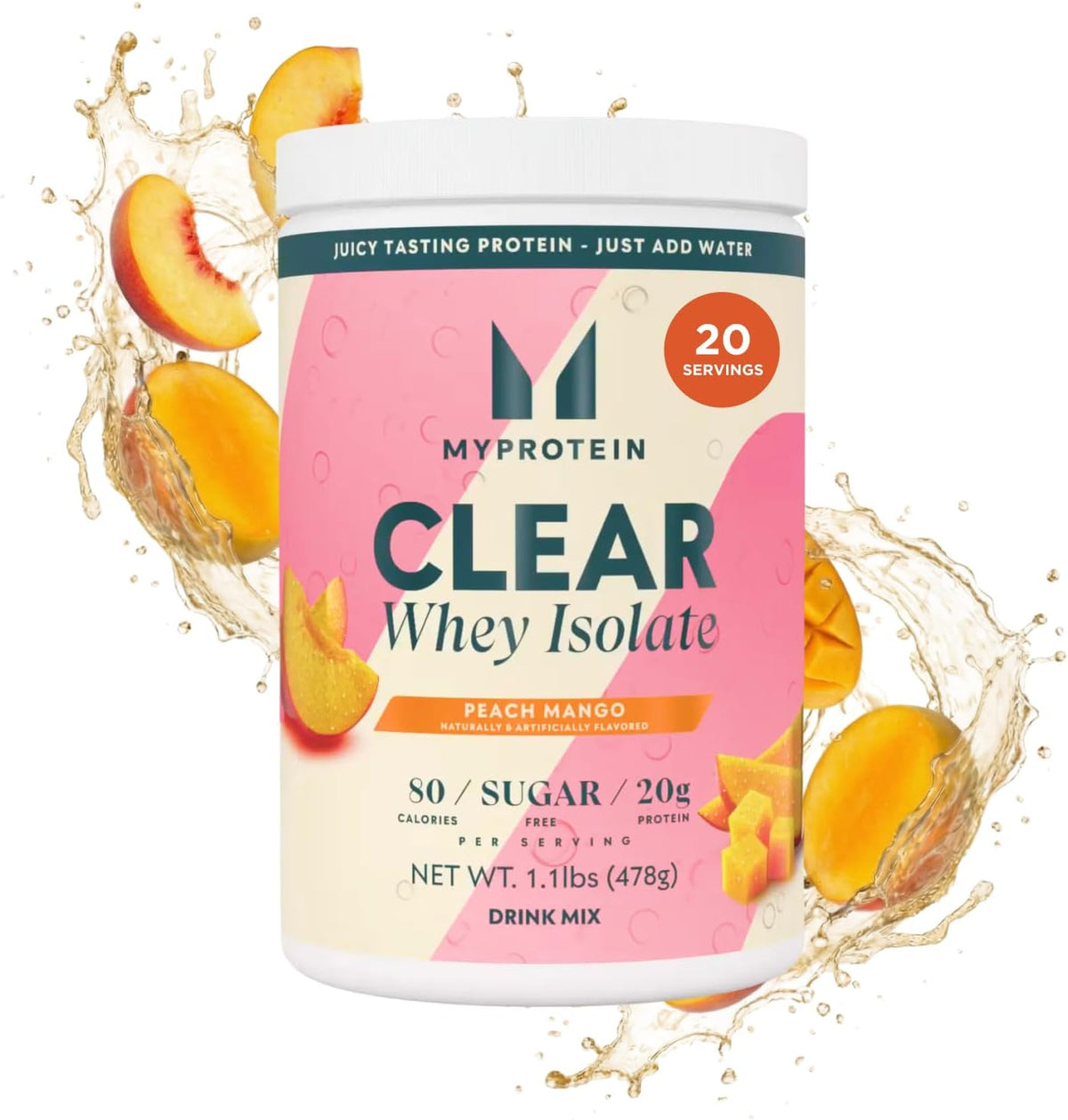 Myprotein Clear Whey Isolate Peach Mango tub front view for muscle recovery.