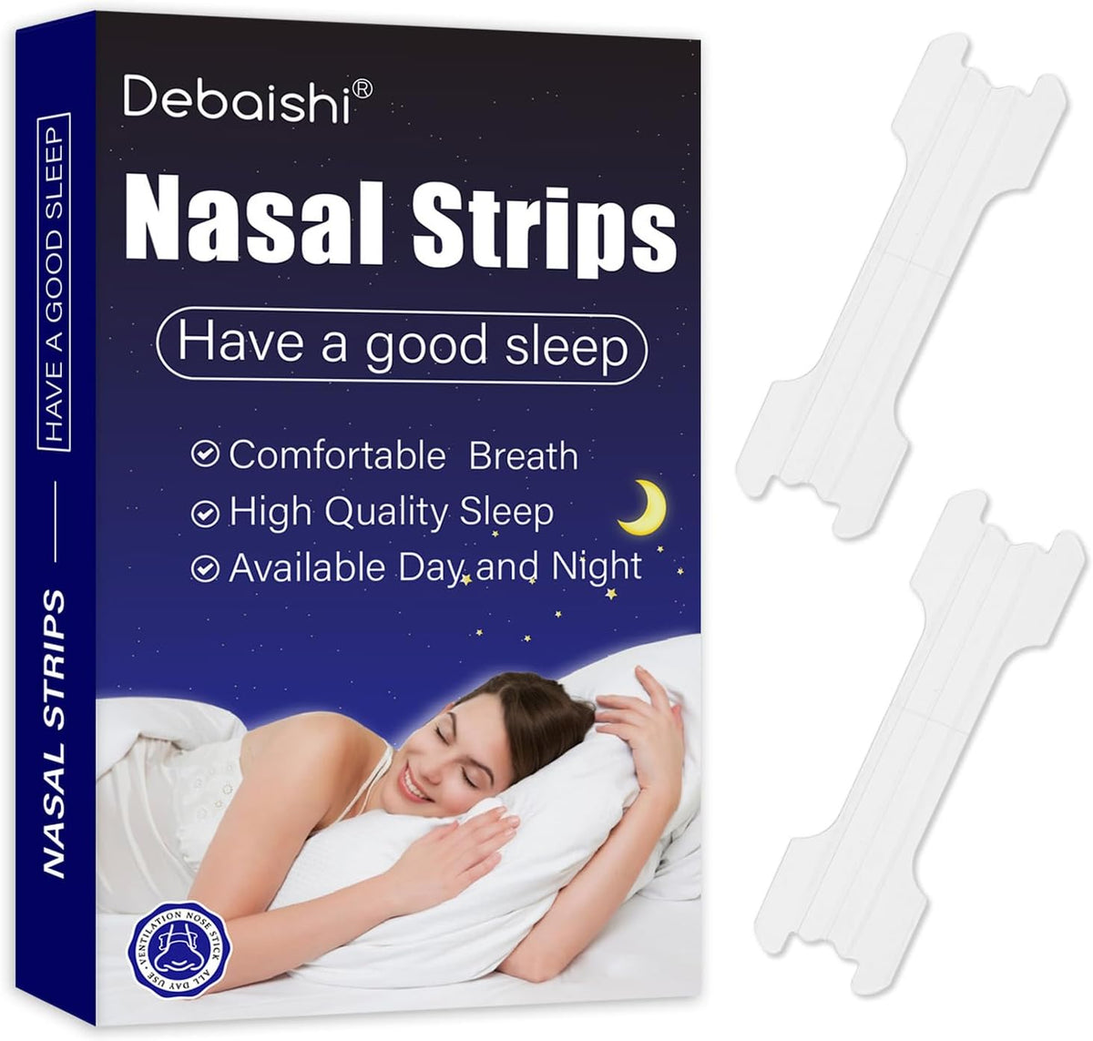 Debaishi Clear Nasal Strips front view of retail packaging for snoring relief.