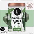 L. Organic Cotton Tampons Regular Absorbency 84 count front view for feminine hygiene