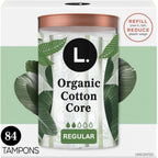 L. Organic Cotton Tampons Regular Absorbency 84 count front view for feminine hygiene