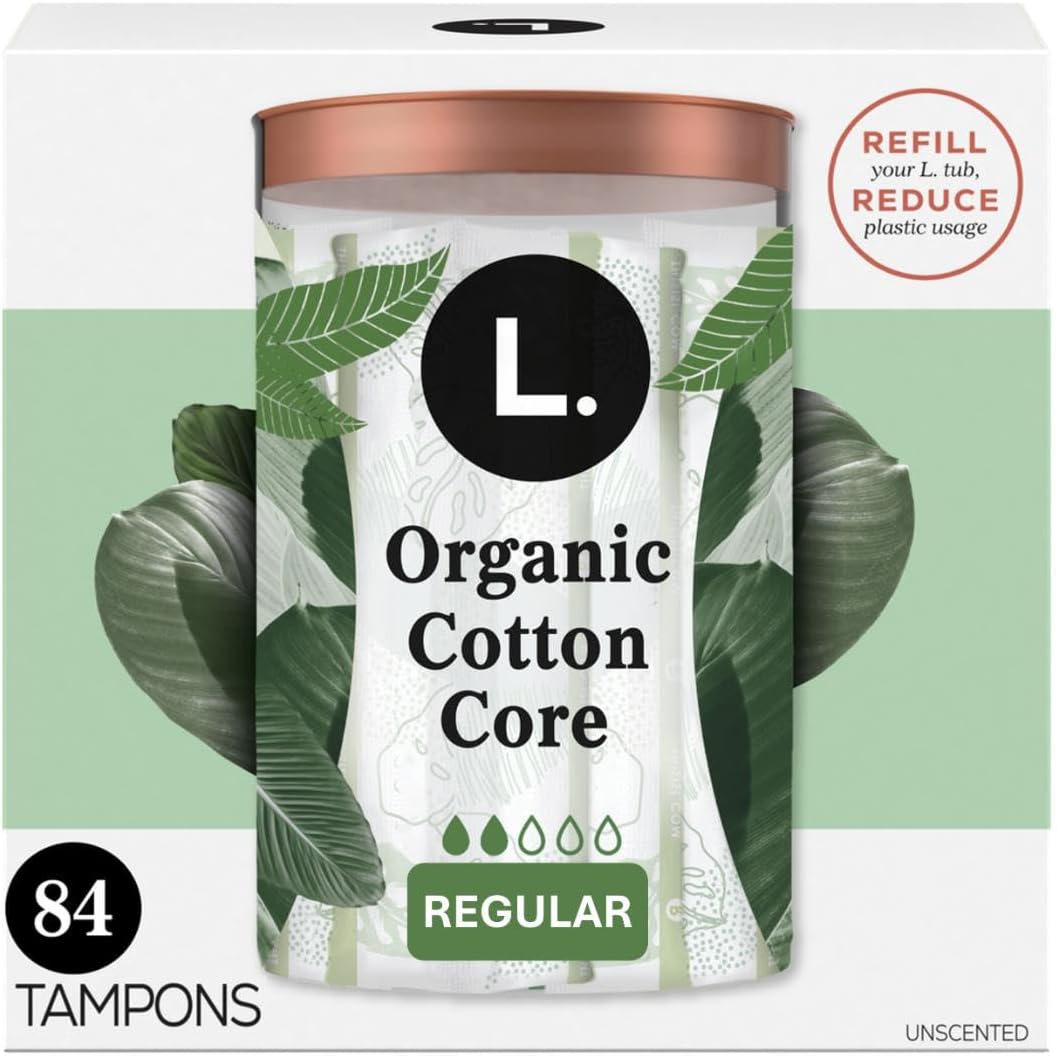L. Organic Cotton Tampons Regular Absorbency 84 count front view for feminine hygiene