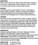 FDS feminine spray ingredients list showing Vitamin E and Chamomile infusion.