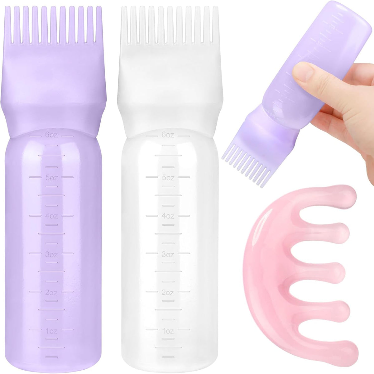 ProSuites hair oil applicator bottle front view showing purple and white variants alongside pink massage comb