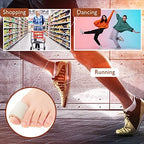 Foam toe sleeves being worn inside a shoe for blister prevention.