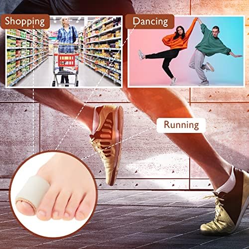 Foam toe sleeves being worn inside a shoe for blister prevention.