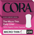 Cora 100% Organic Cotton Topsheet Period Liners front packaging 236 count box.