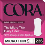 Cora 100% Organic Cotton Topsheet Period Liners front packaging 236 count box.