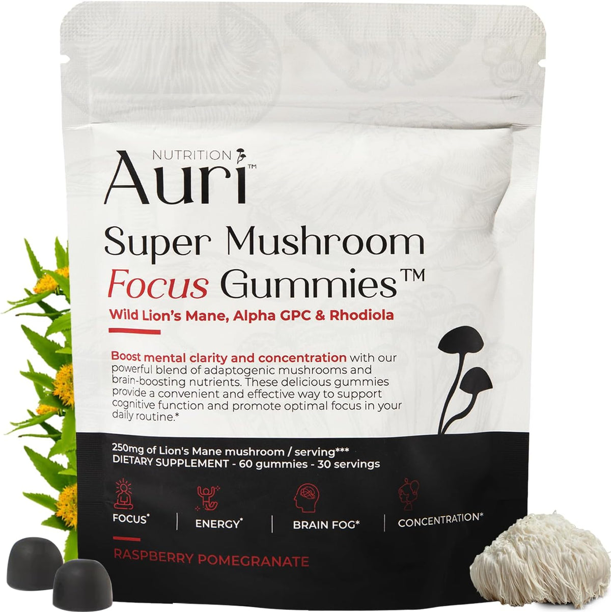 Auri Nutrition Super Mushroom Focus Gummies front view pouch for cognitive support