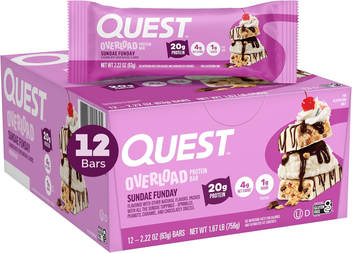 Quest Nutrition Overload Protein Bars, Sundae Funday, 20g Protein, 1g Sugar, 4g Net Carbs, Gluten Free, 12 Count - Image 1