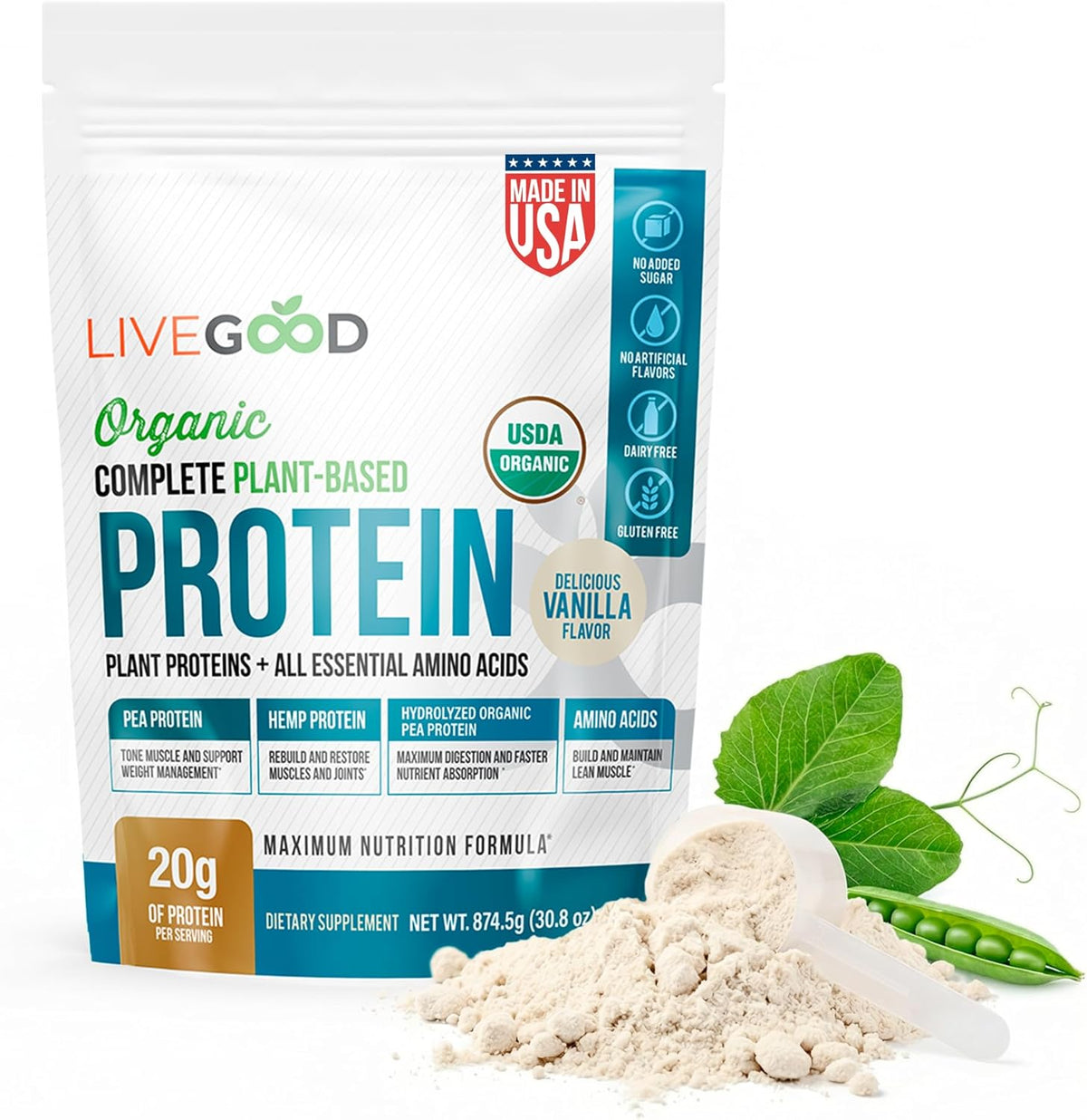LIVEGOOD Complete Plant Based Protein front view vanilla flavor tub
