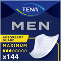 TENA Men Protective Incontinence Guards 144 Count box front view showcasing maximum absorbency male bladder control pads.