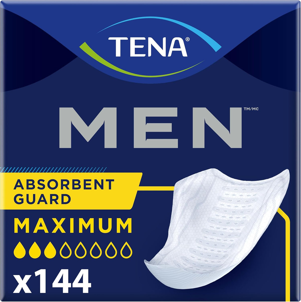 TENA Men Protective Incontinence Guards 144 Count box front view showcasing maximum absorbency male bladder control pads.
