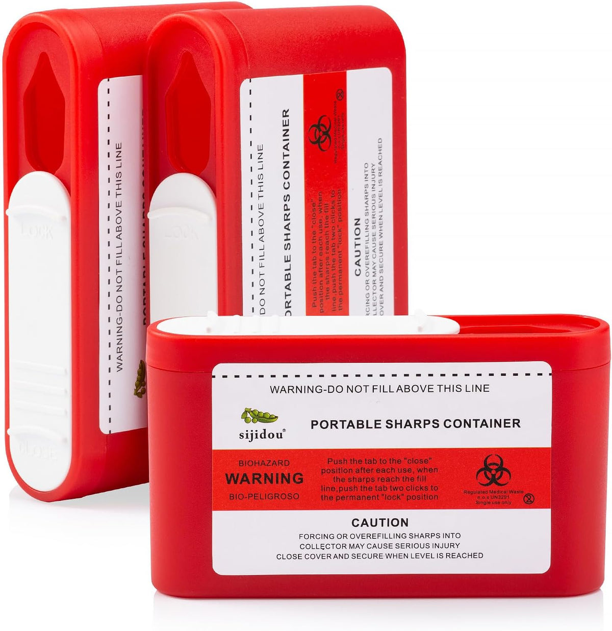 Sijidou pocket travel sharps container front view showing portable red medical biohazard box