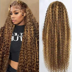 Tylokra 30 inch highlight ombre deep wave human hair wig front view featuring honey blonde P4/27 curls.