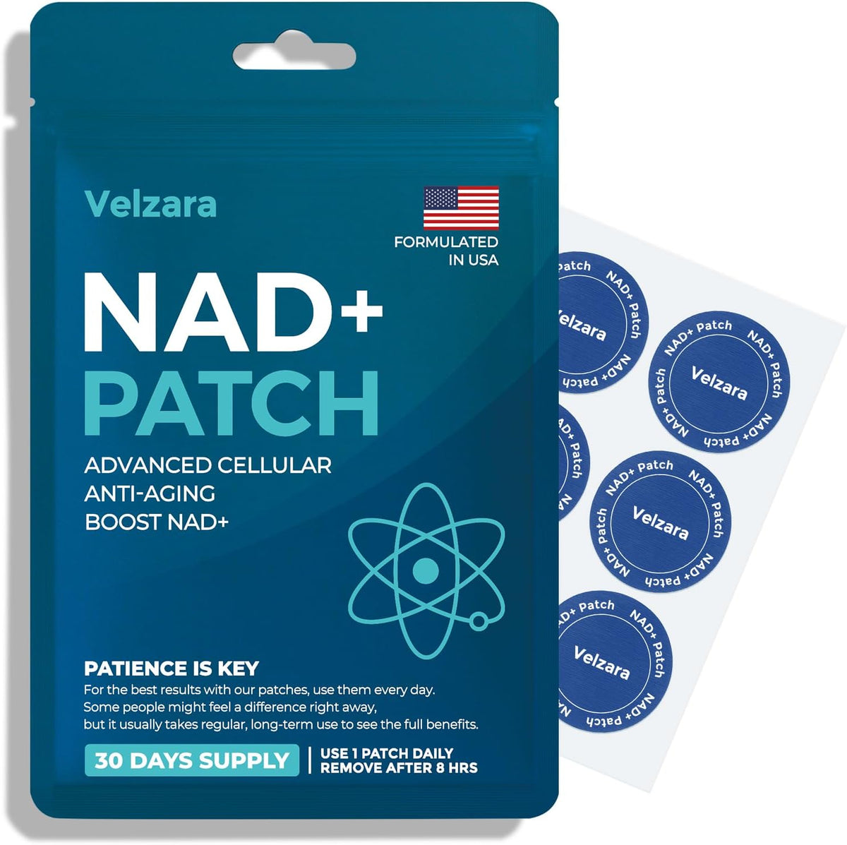 Velzara NAD+ Patches front view of 30-patch pack