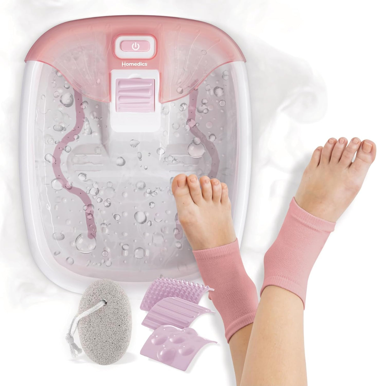 Homedics Bubble Bliss® Deluxe Footbath Gift Set – Heated Foot Spa with Invigorating Bubbles, 3 Massage Attachments, Pumice Stone, Moisturizing Heel Socks & Splash Guard for Ultimate Relaxation - Image 1