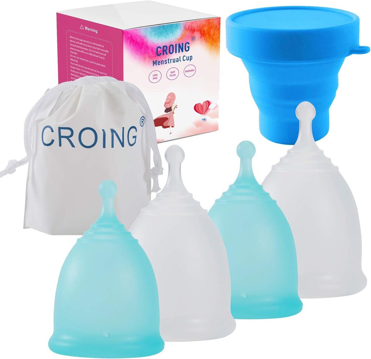 CROING Menstrual Cup Set front view showing blue and white cups with sterilizer.